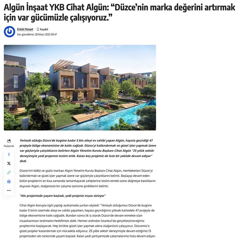 ALGÜN İNŞAAT YKB CİHAT ALGÜN: “DÜZCE’NİN MARKA DEĞERİNİ ARTIRMAK İÇİN VAR GÜCÜMÜZLE ÇALIŞIYORUZ.”