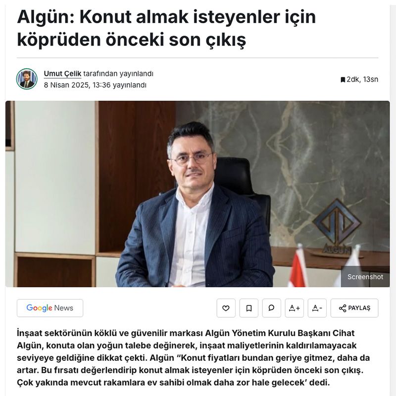 ALGÜN: KONUT ALMAK İSTEYENLER İÇİN KÖPRÜDEN ÖNCEKİ SON ÇIKIŞ