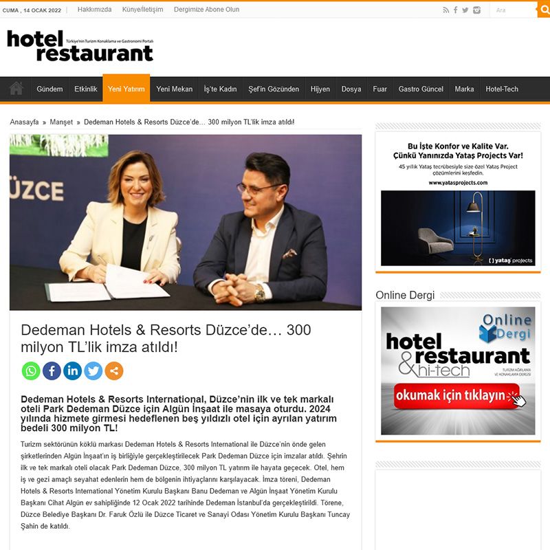 Dedeman Hotels & Resorts Düzce’de… 300 milyon TL’lik imza atıldı!
