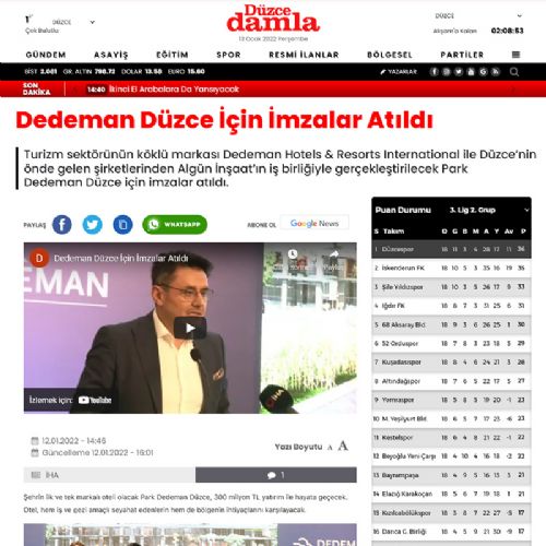 Algün ve Dedeman iş birliği ile Düzce’nin ilk 5 yıldızlı marka oteli için imzalar atıldı