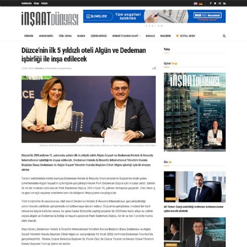 Düzce’nin ilk 5 yıldızlı oteli Algün ve Dedeman işbirliği ile inşa edilecek