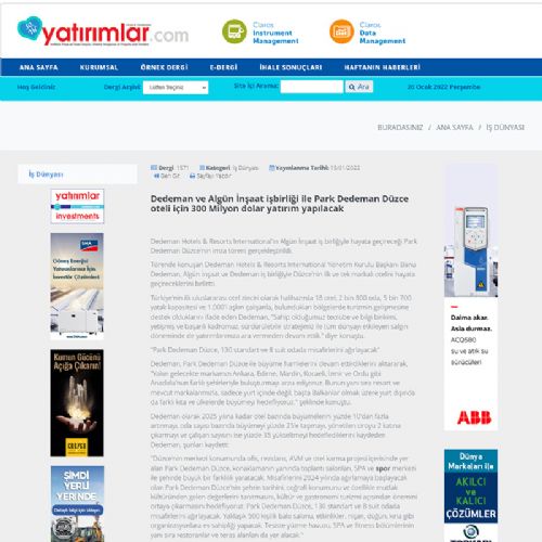 Dedeman ve Algün İnşaat işbirliği ile Park Dedeman Düzce oteli için 300 Milyon dolar yatırım yapılacak