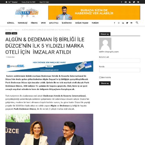 ALGÜN & DEDEMAN İŞ BİRLİĞİ İLE DÜZCE’NİN İLK 5 YILDIZLI MARKA OTELİ İÇİN İMZALAR ATILDI