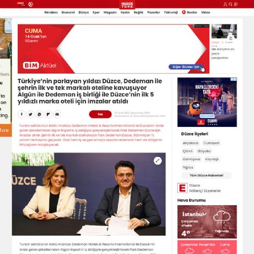 Algün ile Dedeman iş birliği ile Düzce’nin ilk 5 yıldızlı marka oteli için imzalar atıldı