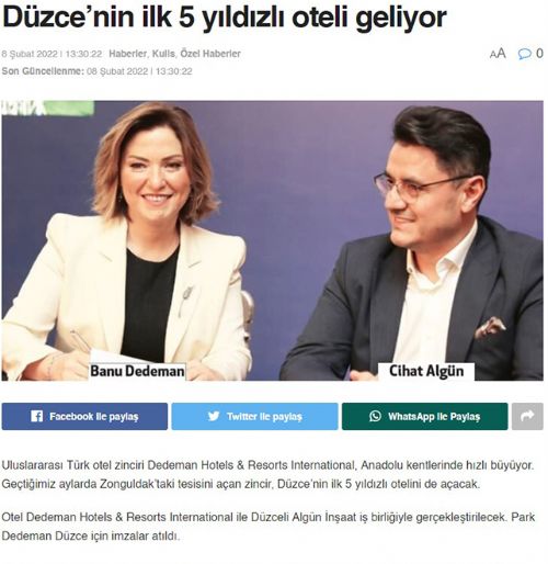 Düzce’nin İlk 5 Yıldızlı Oteli Geliyor