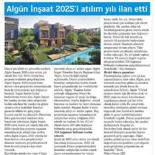 ALGÜN İNŞAAT 2025 İ ATILIM YILI İLAN ETTİ
