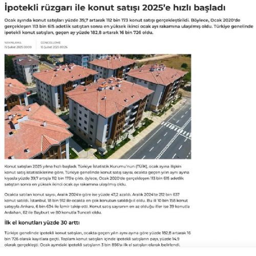 İPOTEKLİ RÜZGARI İLE KONUT SATIŞI 2025’E HIZLI BAŞLADI