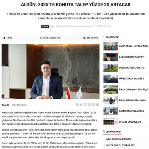 ALGÜN: 2025’TE KONUTA  TALEP YÜZDE 20 ARTACAK