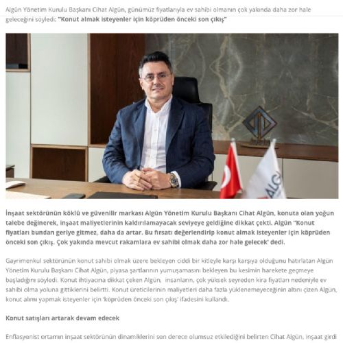 CİHAT ALGÜN: “KONUT ALMAK İSTEYENLER İÇİN KÖPRÜDEN ÖNCEKİ SON ÇIKIŞ”