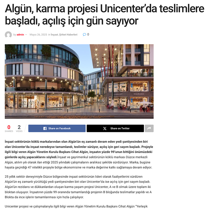 Algün, karma projesi Unicenter’da teslimlere başladı, açılış için gün sayıyor