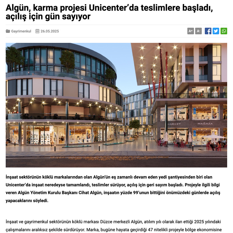 Algün, karma projesi Unicenter’da teslimlere başladı, açılış için gün sayıyor