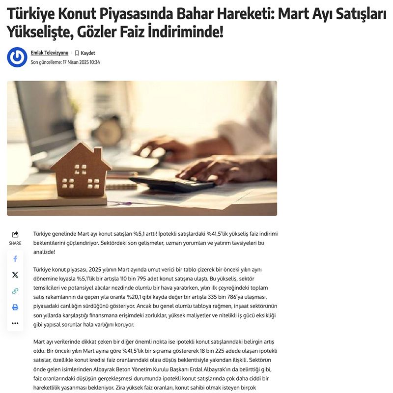 TÜRKİYE KONUT PİYASASINDA BAHAR HAREKETİ: MART AYI SATIŞLARI YÜKSELİŞTE, GÖZLER FAİZ İNDİRİMİNDE!