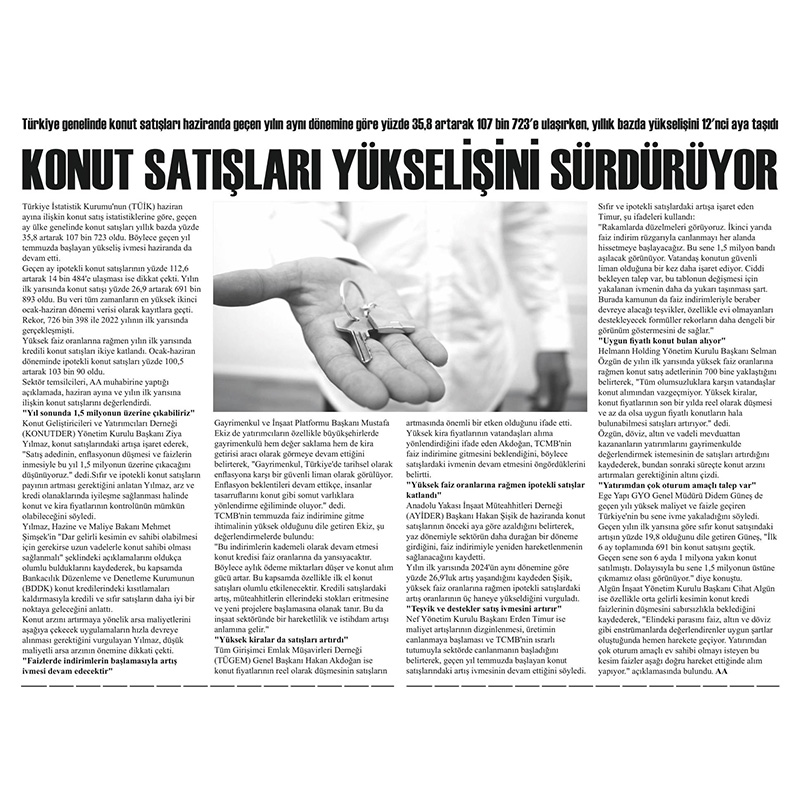 KONUT SATIŞLARI YÜKSELİŞİNİ SÜRDÜRÜYOR