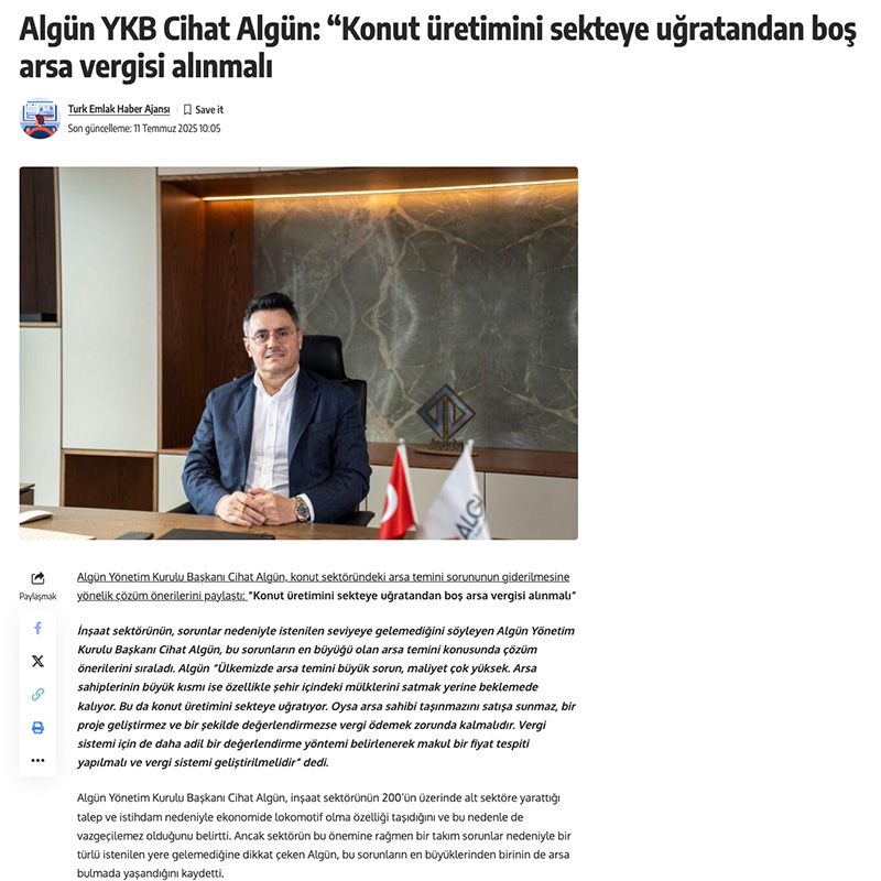 Algün YKB Cihat Algün: “Konut üretimini sekteye uğratandan boş arsa vergisi alınmalı