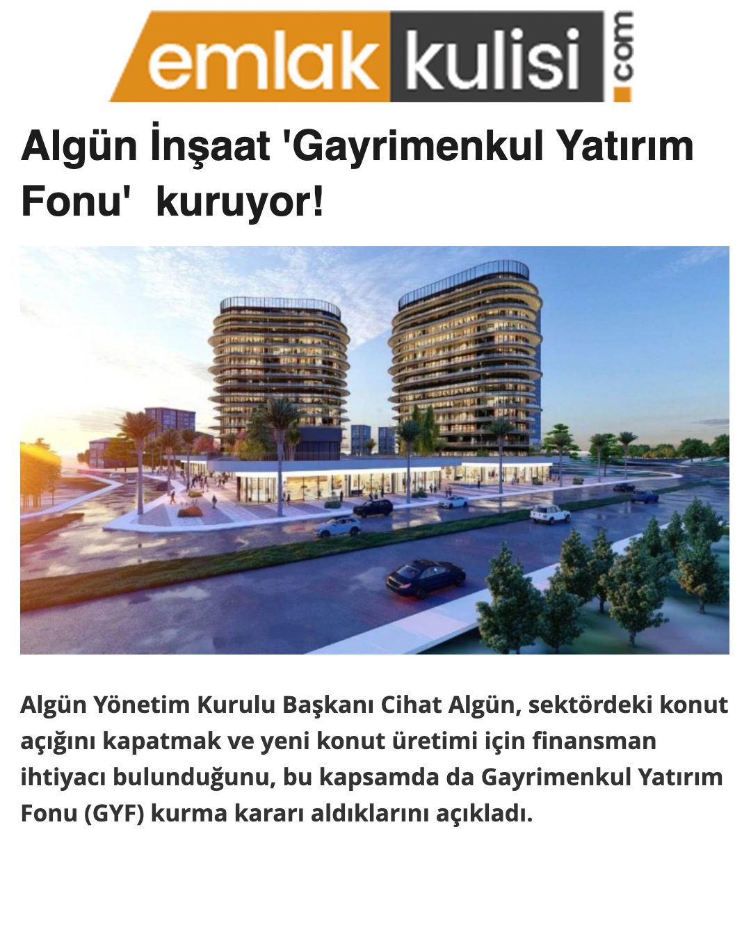 Algün İnşaat ‘Gayrimenkul Yatırım Fonu’  kuruyor!