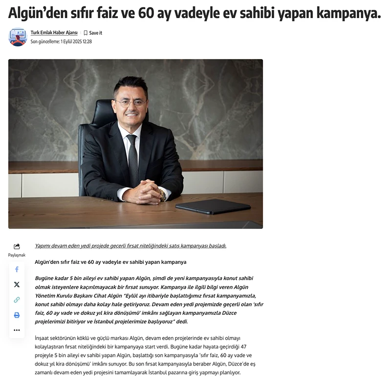 Algün’den sıfır faiz ve 60 ay vadeyle ev sahibi yapan kampanya.