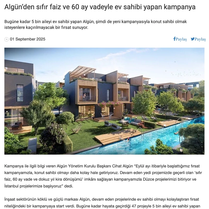 Algün’den sıfır faiz ve 60 ay vadeyle ev sahibi yapan kampanya