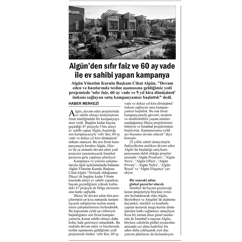 ALGÜN’DEN SIFIR FAİZ VE 60 AY VADE İLE EV SAHİBİ YAPAN KAMPANYA
