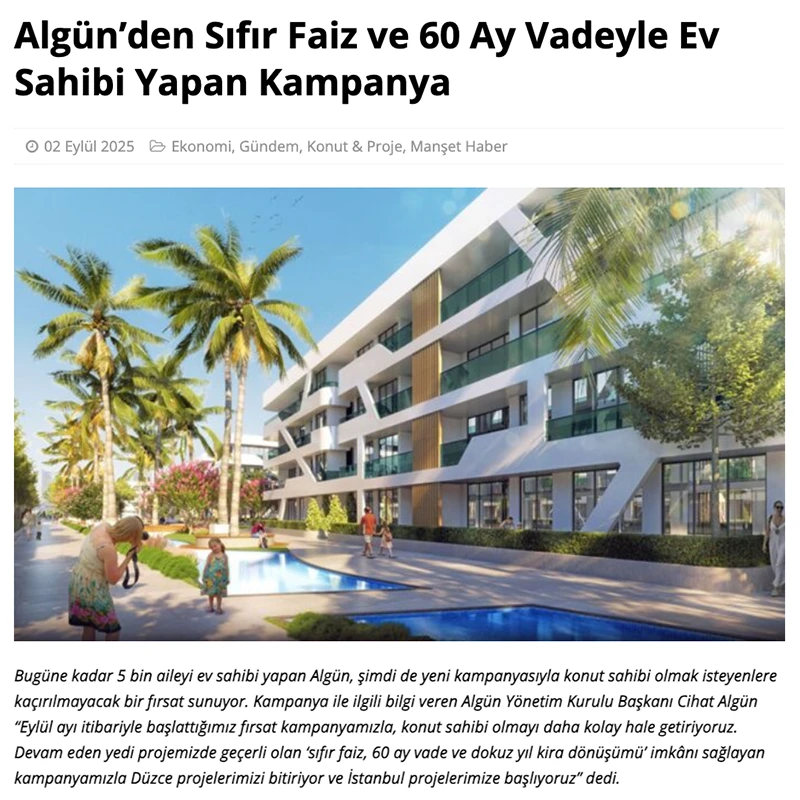 Algün’den Sıfır Faiz ve 60 Ay Vadeyle Ev Sahibi Yapan Kampanya