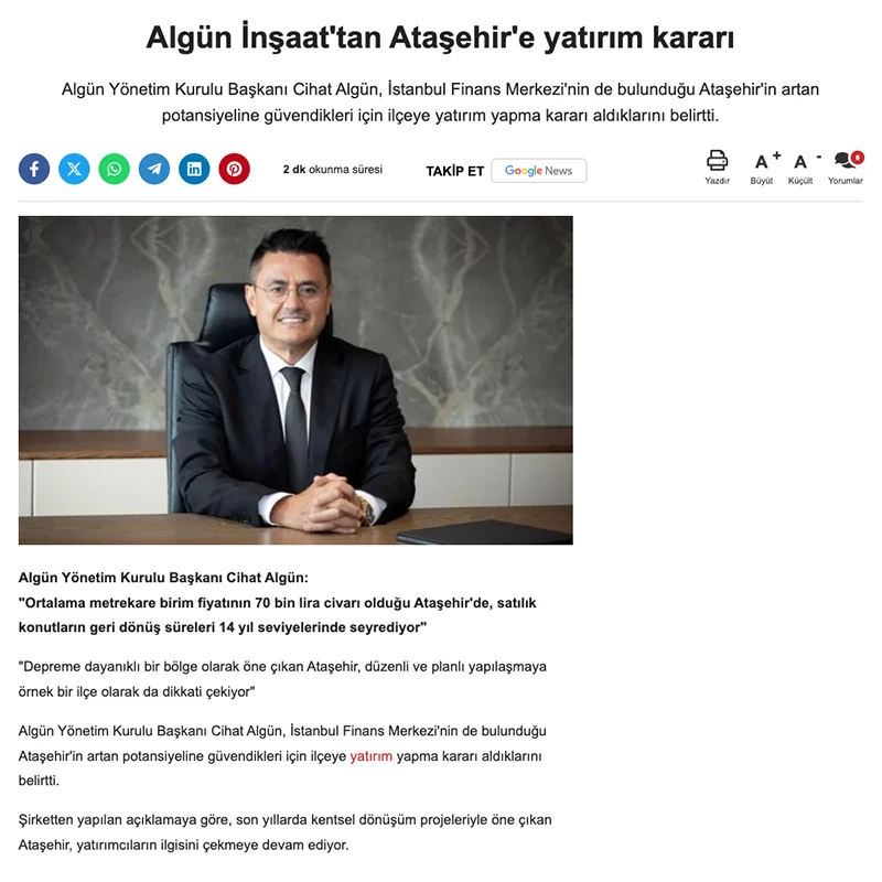 Algün İnşaat’tan Ataşehir’e yatırım kararı