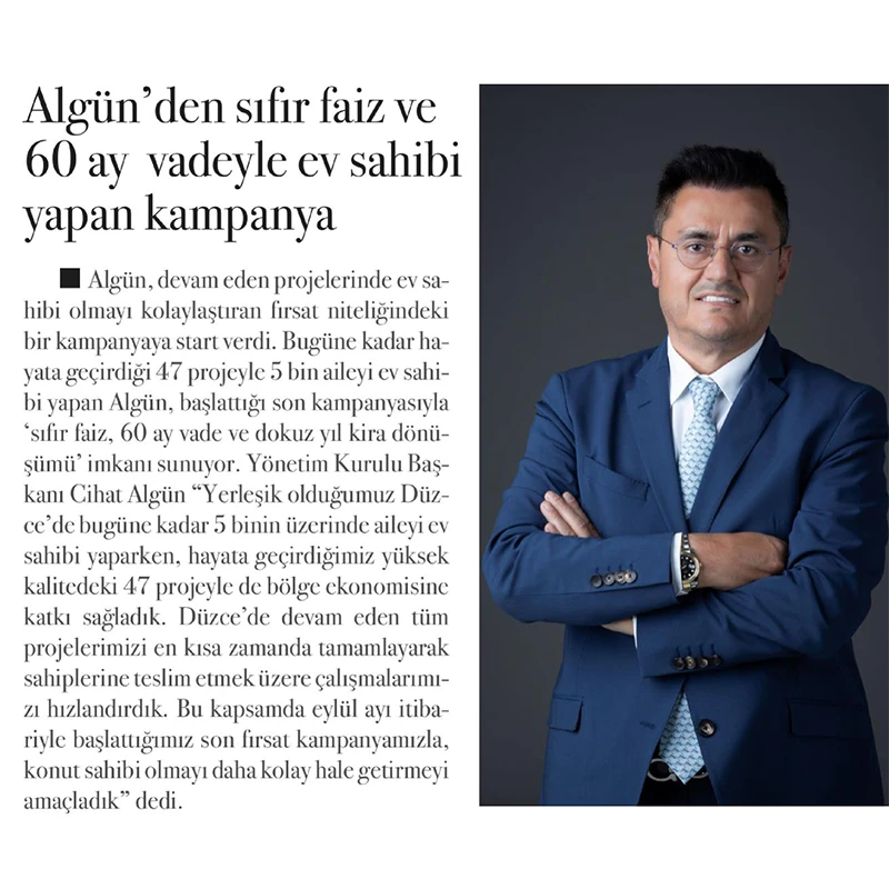 ALGÜN’DEN SIFIR FAİZ VE 60 AY VADEYLE EV SAHİBİ YAPAN KAMPANYA