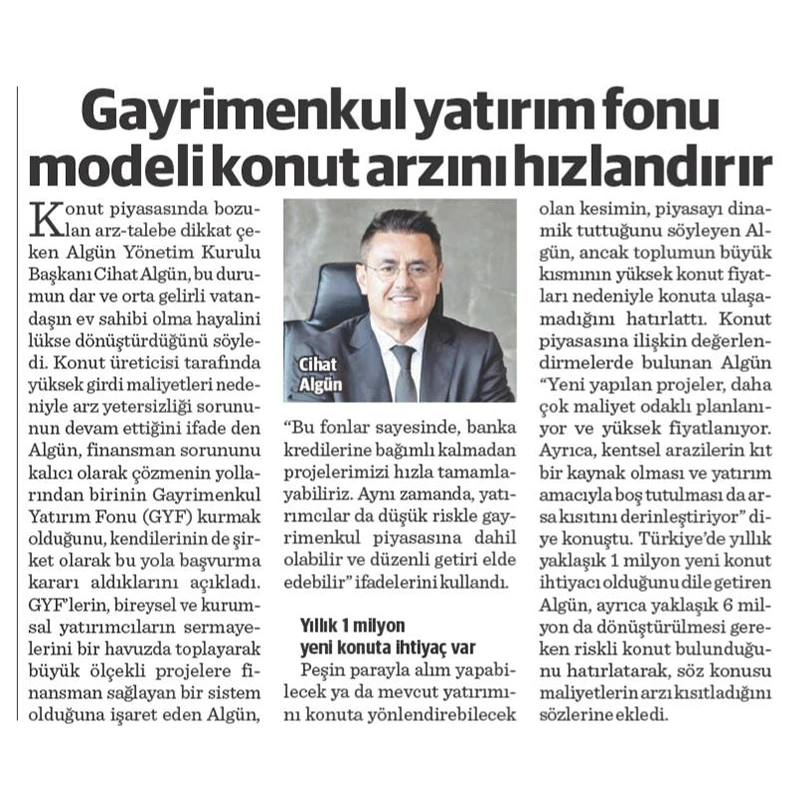 GAYRİMENKUL YATIRIM FONU MODELİ KONUT ARZINI HIZLANDIRIR