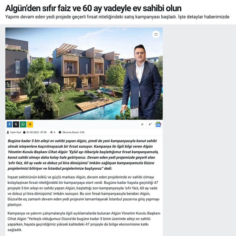 Algün’den sıfır faiz ve 60 ay vadeyle ev sahibi olun