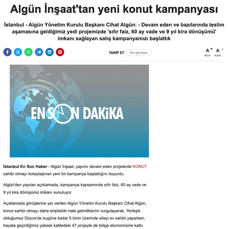 Algün İnşaat’tan yeni konut kampanyası