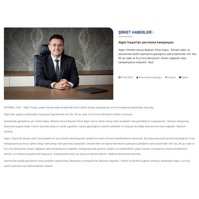 Algün’den Yeni Konut Kampanyası