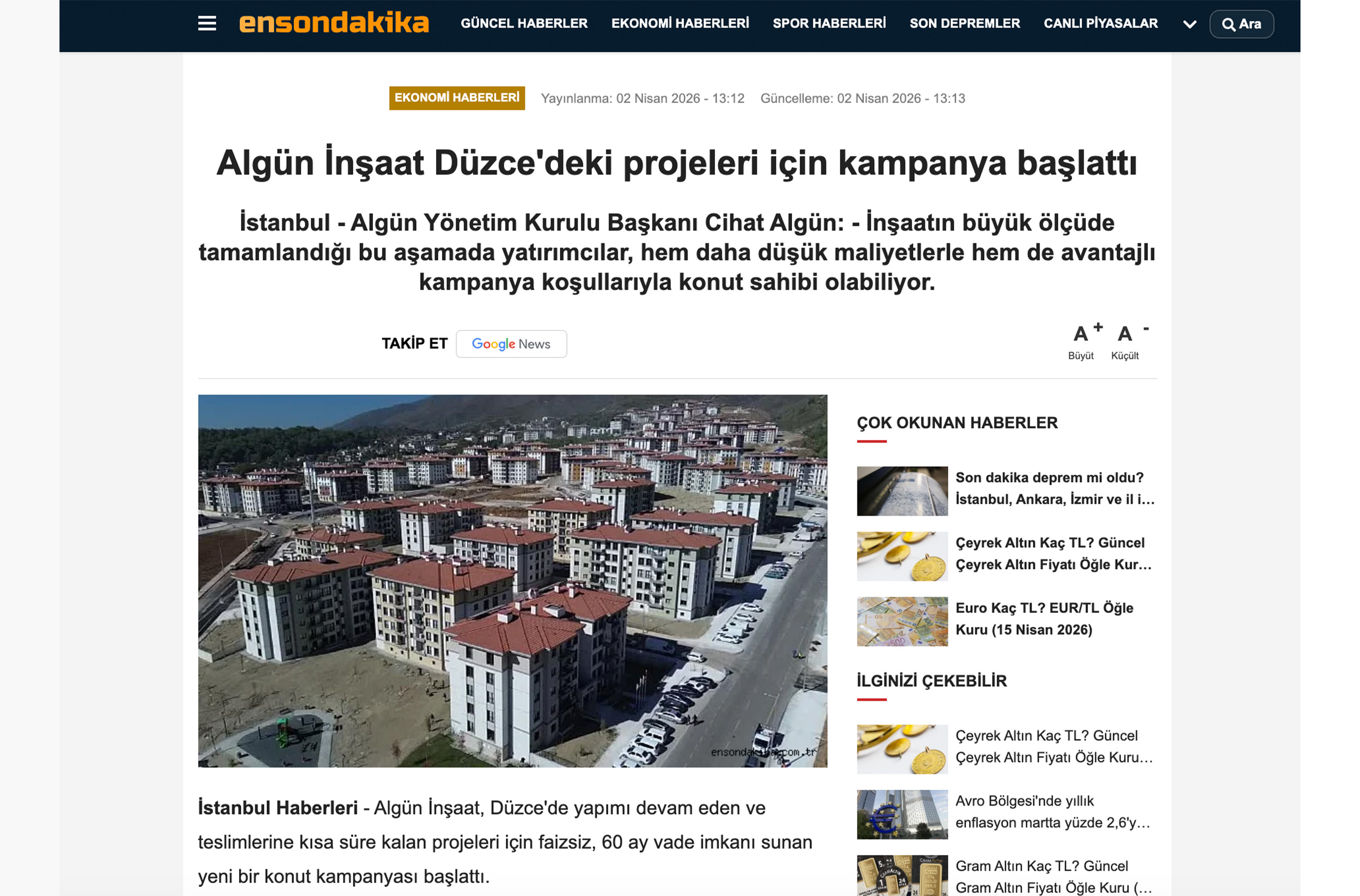 Algün İnşaat Düzce’deki Projeleri İçin Kampanya Başlattı