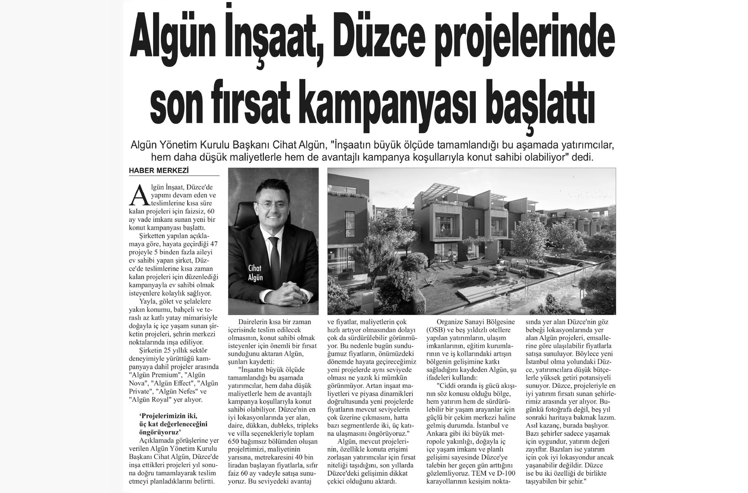 Algün İnşaat, Düzce Rojelerinde Son Fırsat Kampanyası Başlattı